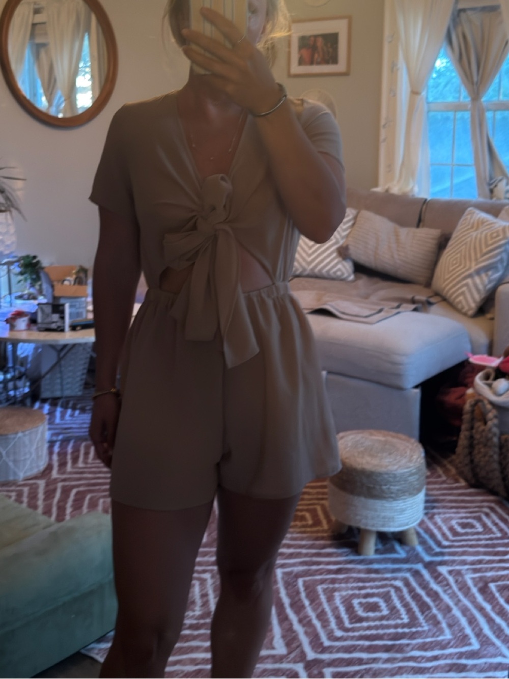 Open-Front Short Sleeve Tie-Waist Romper in Taupe